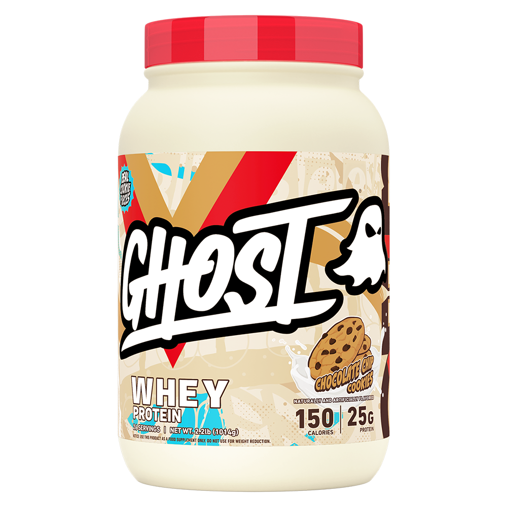 Front view of Ghost Whey Protein 2lb Chocolate Chip Cookie flavour protein powder tub with 25g protein and 150 calories per serving.