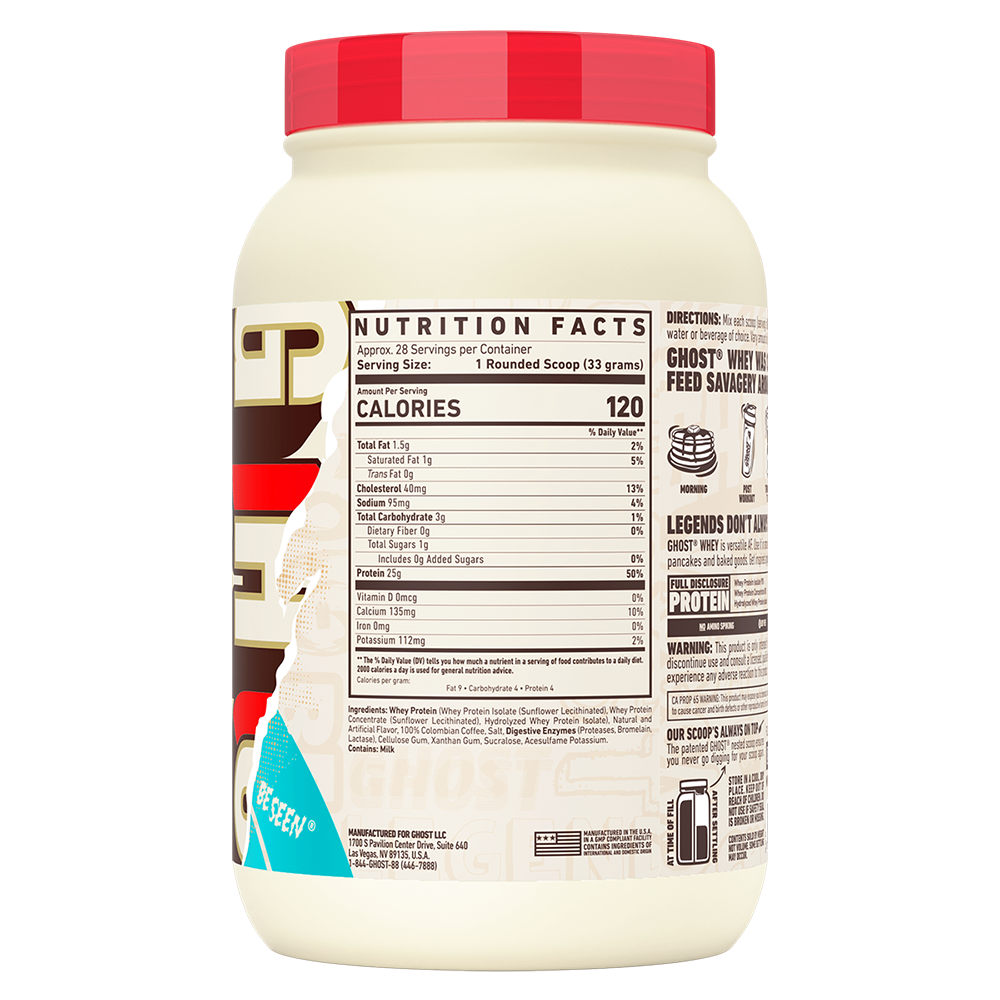 Back view of Ghost Whey Protein 2lb Coffee Ice Cream flavour showing nutrition facts, ingredients and serving information.